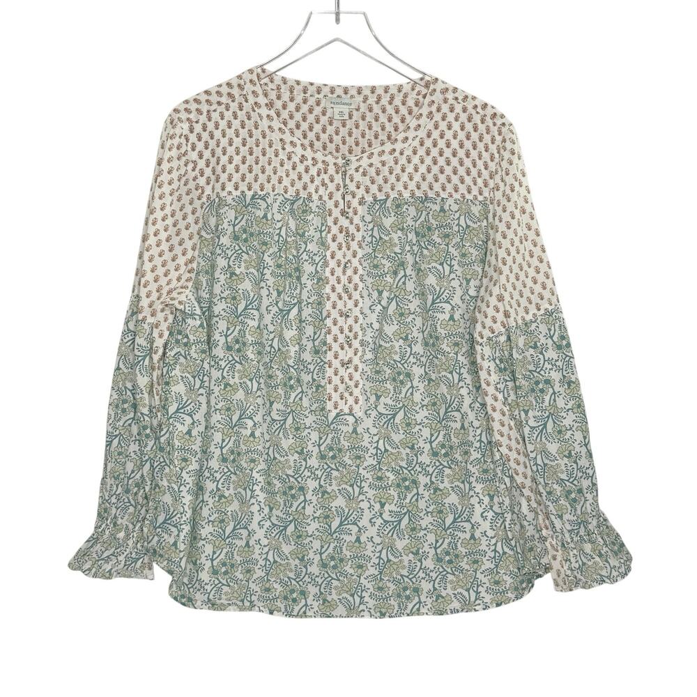 Sundance Long Sleeve Peasant Blouse XXL Green Cream Floral Cottage Cotton